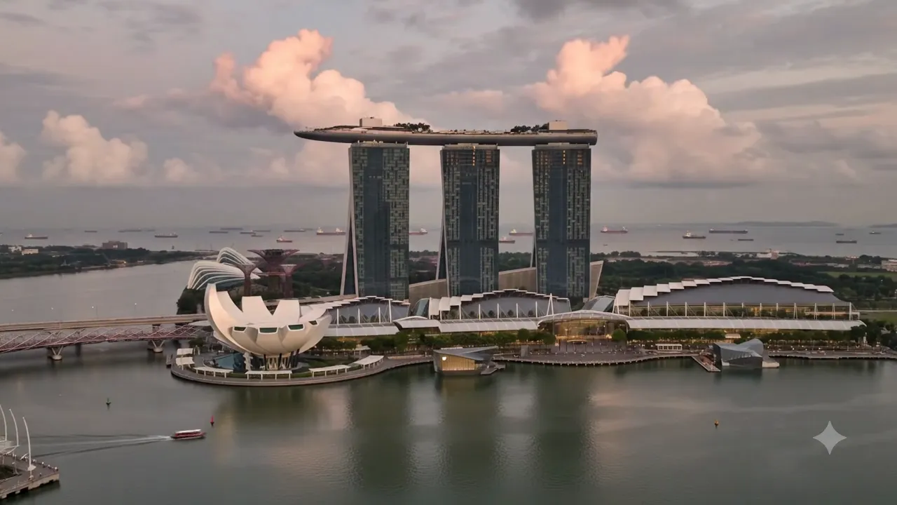 Singapore Skyline at twilight with Marina Bay Sands reflecting on the water